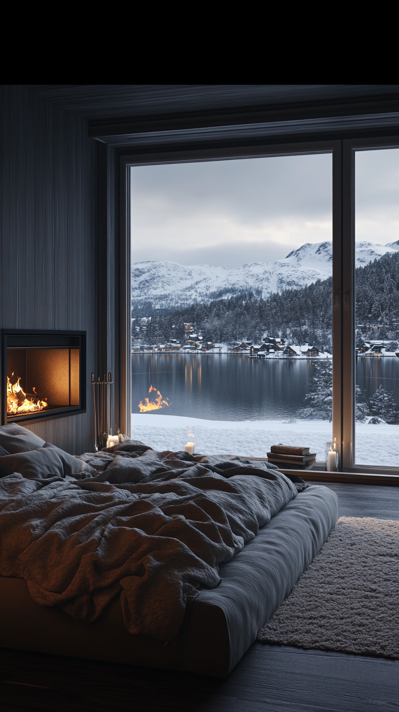 A cozy, modern bedroom with snowy fjord view.