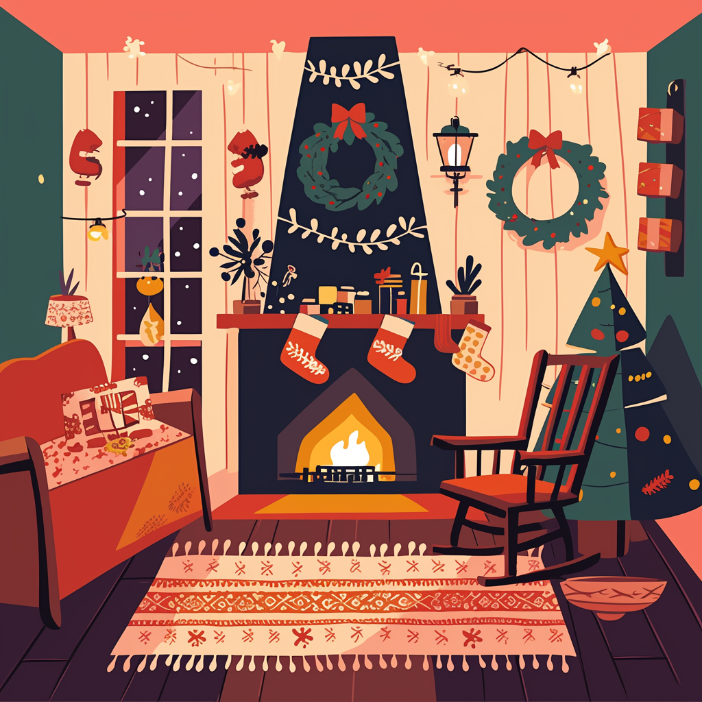 A cozy Christmas living room with fire