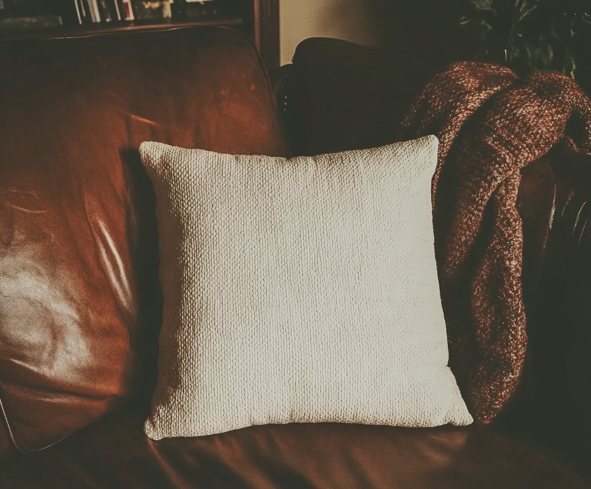 A cozy Christmas pillow on leather couch.