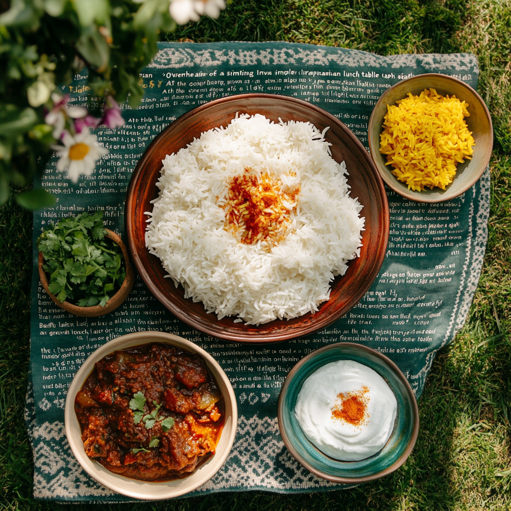 A cozy Iranian lunch table on green lawn