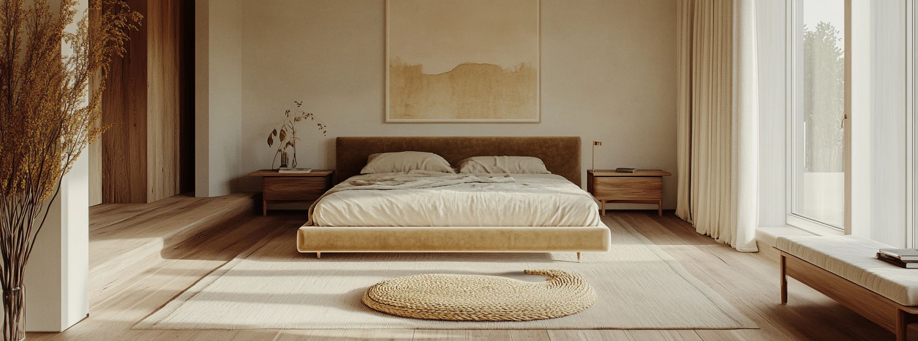 A cozy bedroom with beige bed and wooden floors.