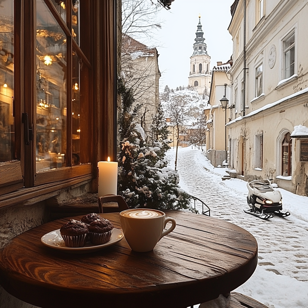 A cozy cafe with coffee, muffins, candle, snowy view.