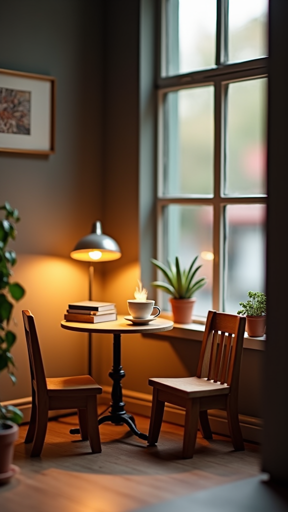 A cozy coffee shop corner with books and coffee.