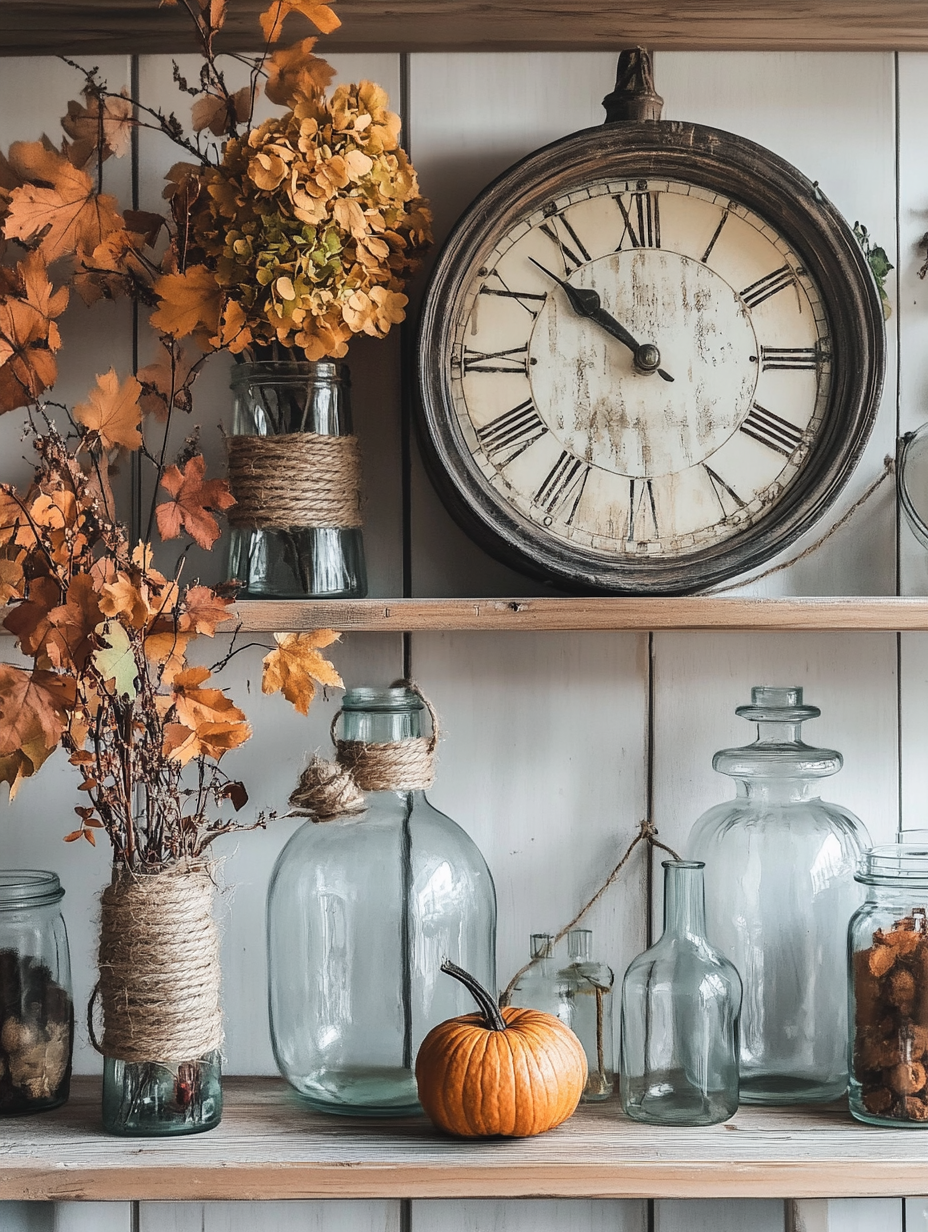 A cozy fall kitchen shelf with old clock.