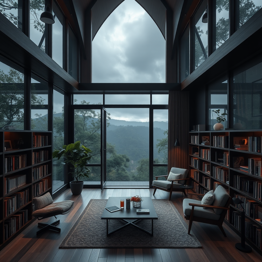 A cozy home library with realistic nature view