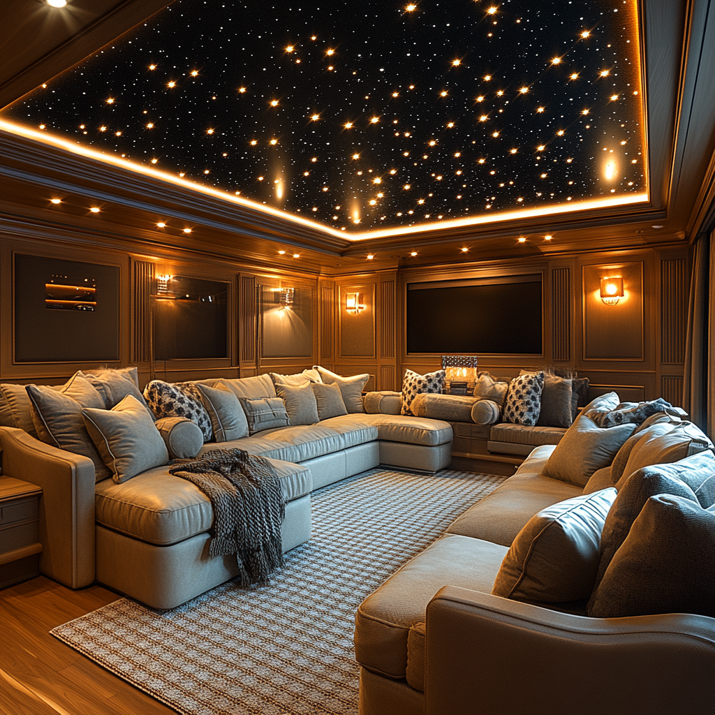 A cozy home theater with projector, star ceiling