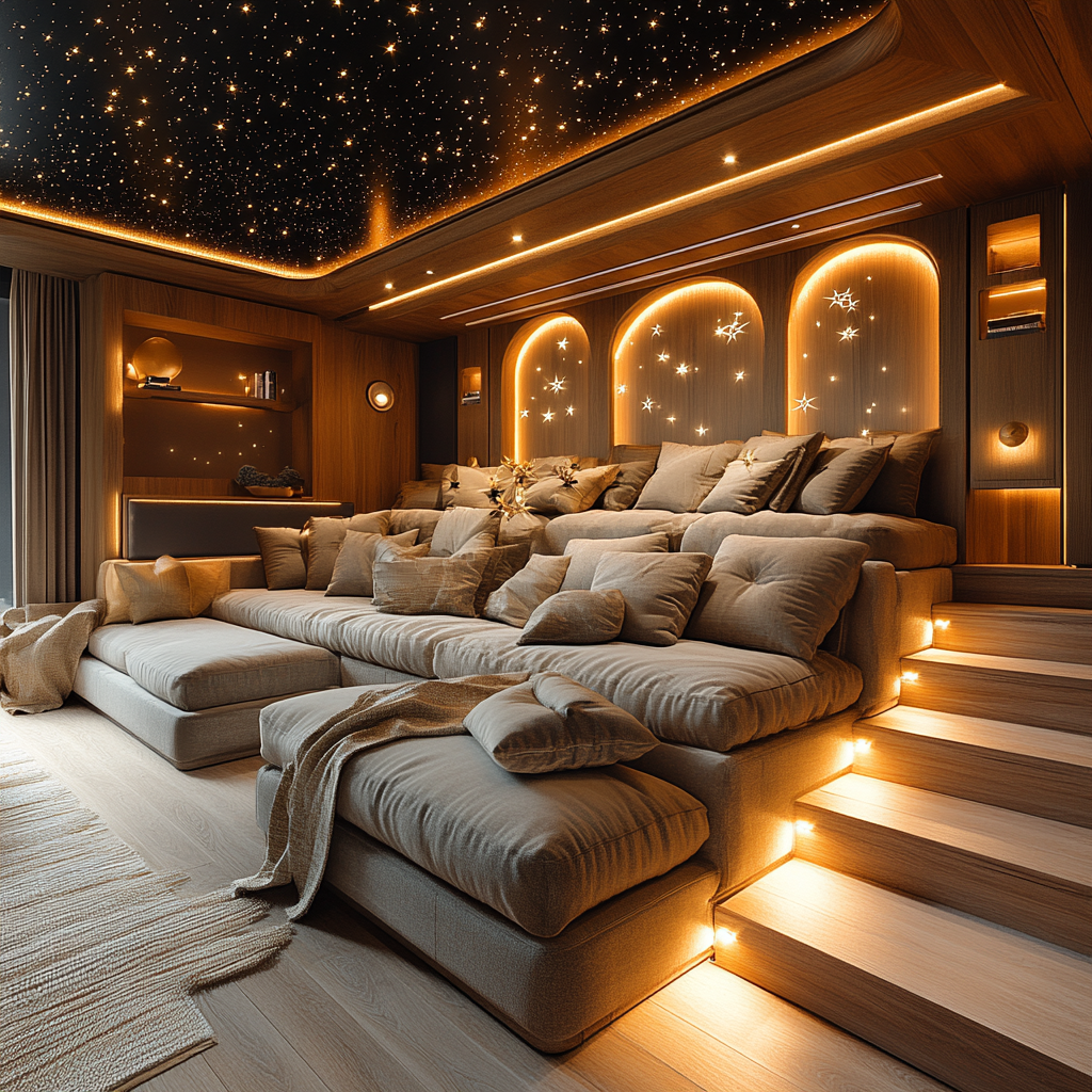 A cozy home theater with star ceiling and seating