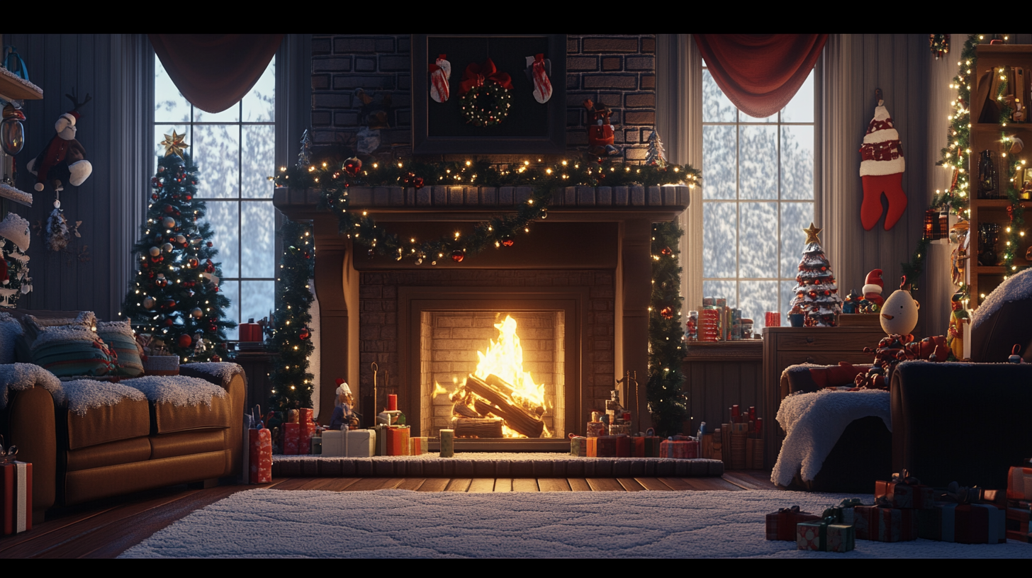 A cozy living room decorated for Christmas with fireplace