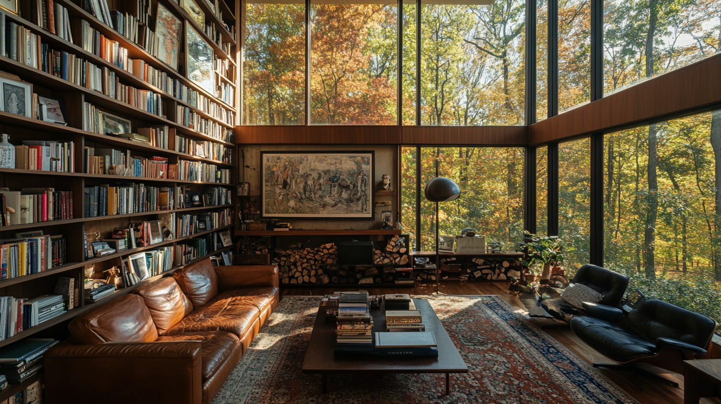 A cozy living room with books, art and nature.