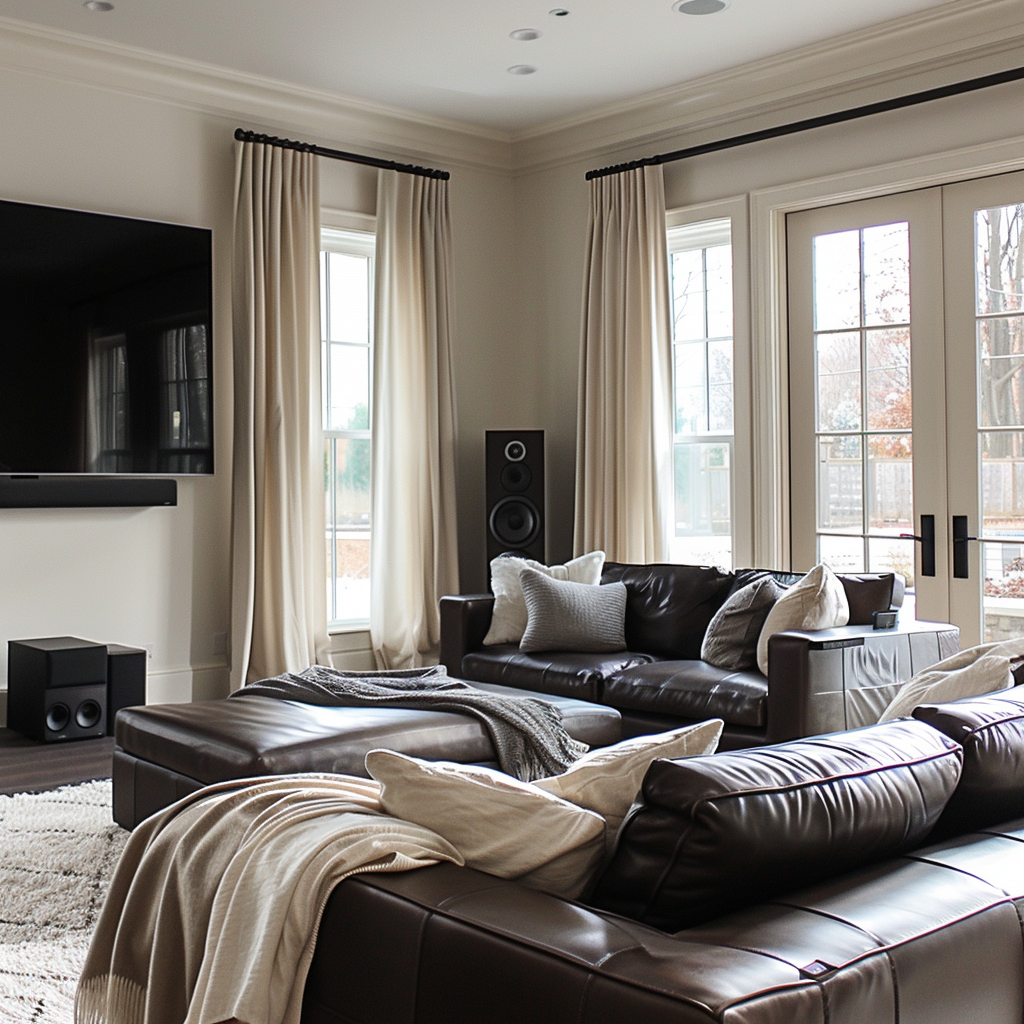 A cozy living room with dark brown furniture