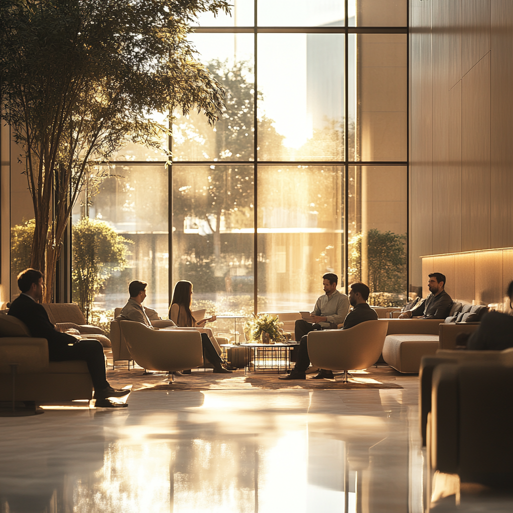 A cozy meeting room with engaged people.