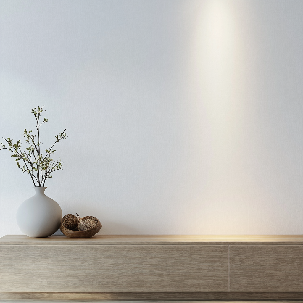 A cozy minimalist living room with smooth white wall.