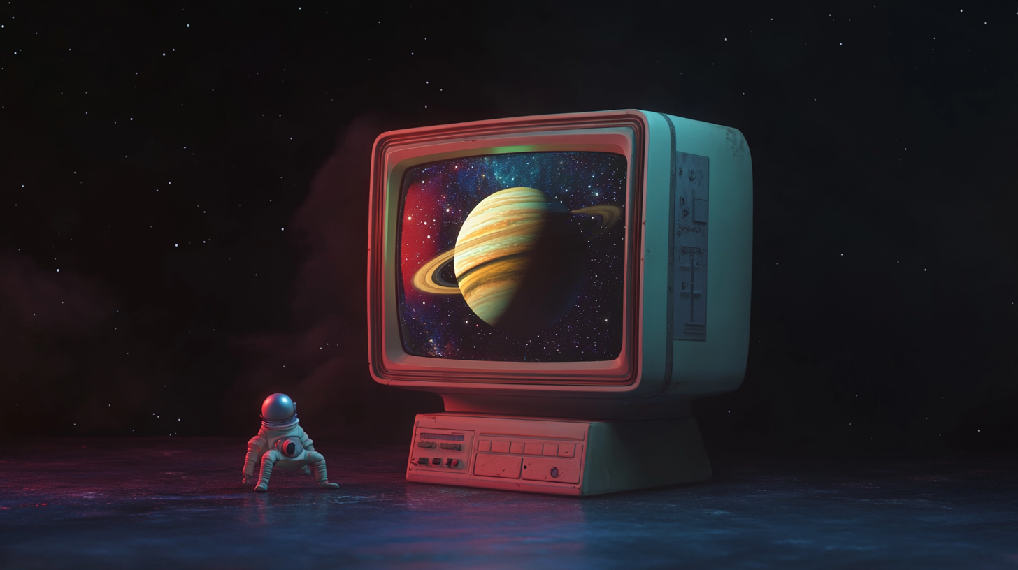 A cozy old computer with Saturn in a dreamy space.