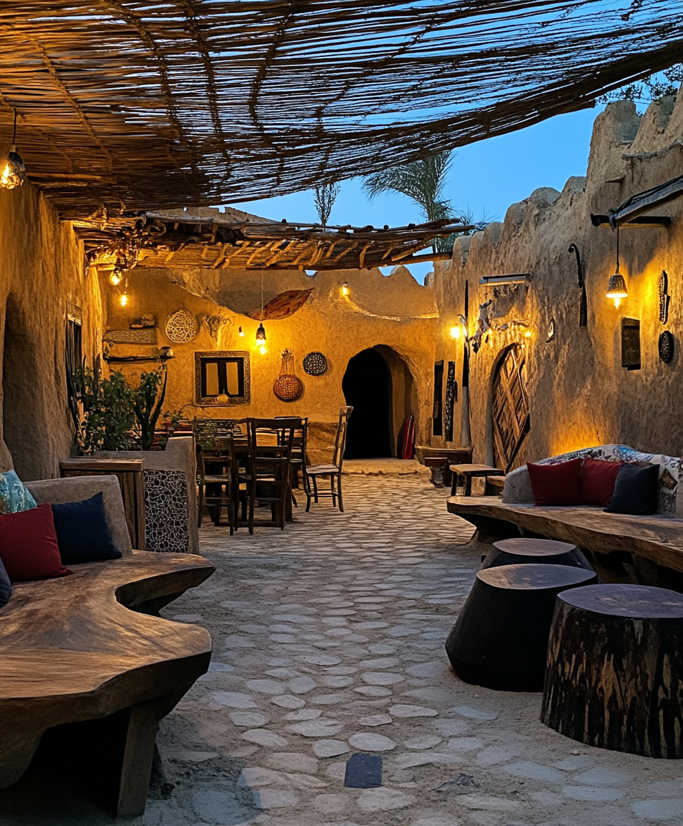 A cozy outdoor hut with straw roof and LED lights