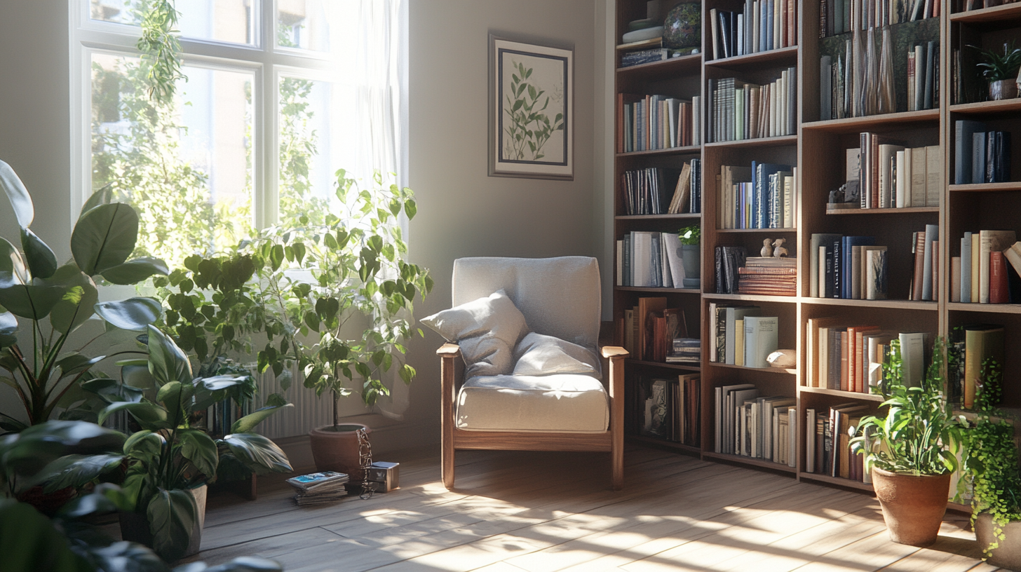 A cozy reading room in a modern apartment.