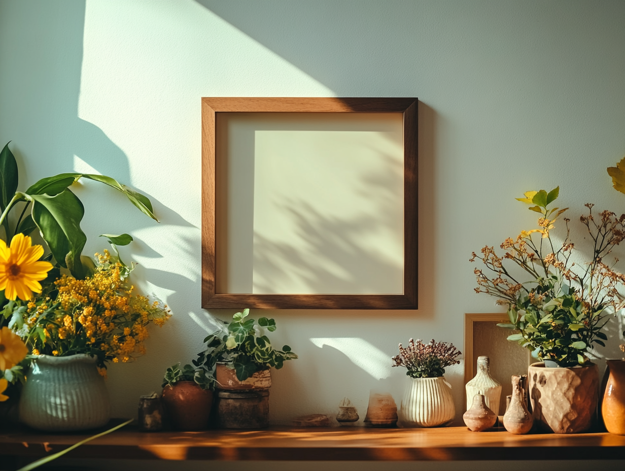 A cozy room with decorations and picture frames