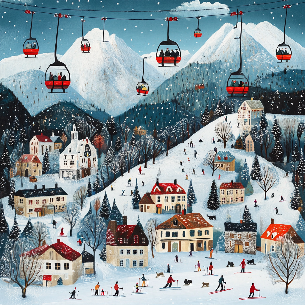 A cozy town in the mountains with skiers and families.