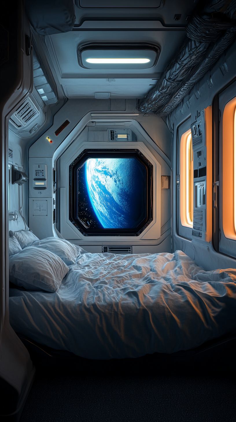 A cozy unmade bed in futuristic space station.