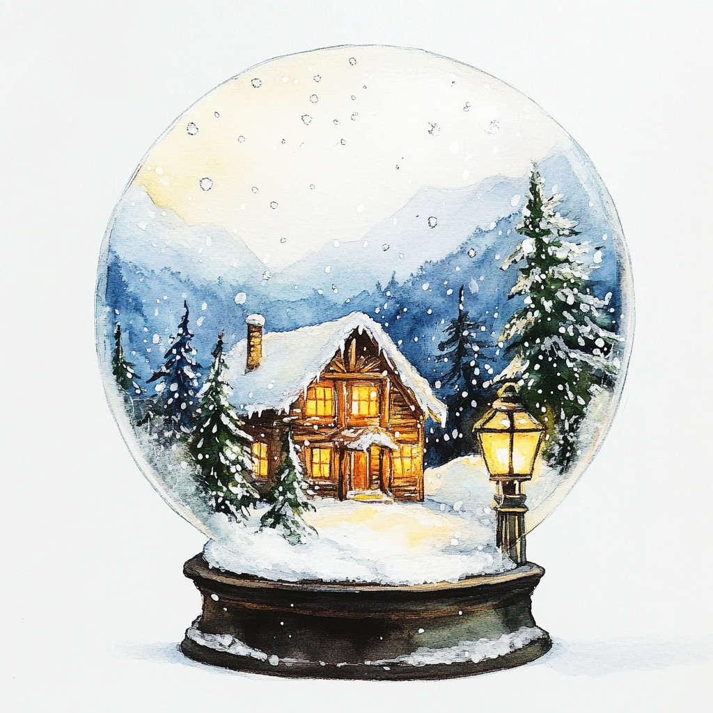 A cozy winter lodge in snow globe scenery