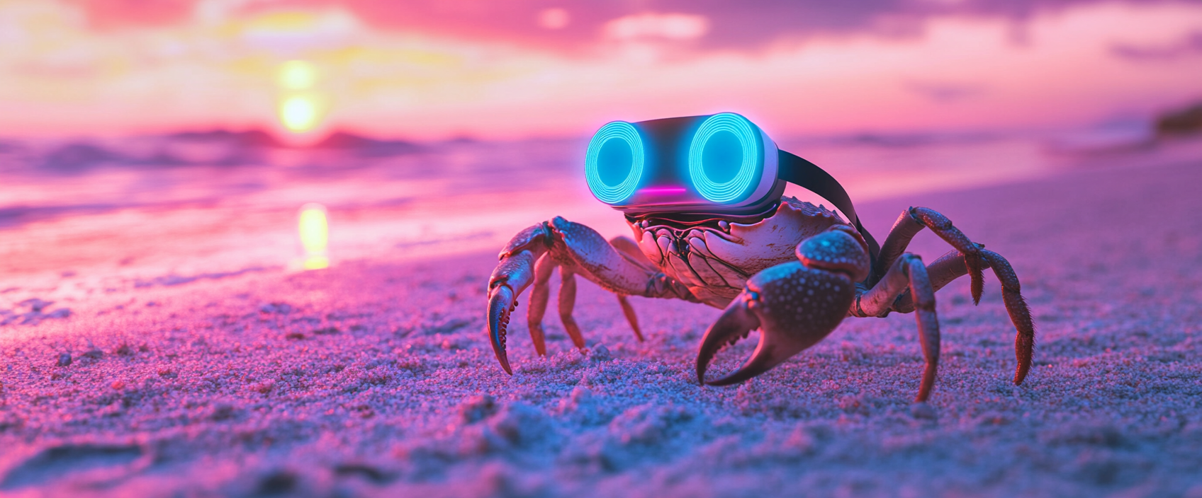 A crab using VR headset on beach at sunset