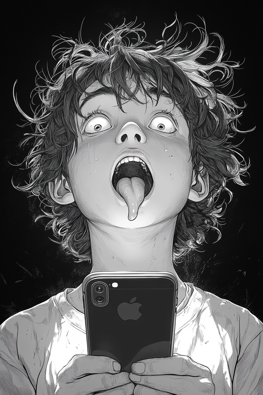 A crazy kid watches iPhone, tongue bitten, lineart cartoon