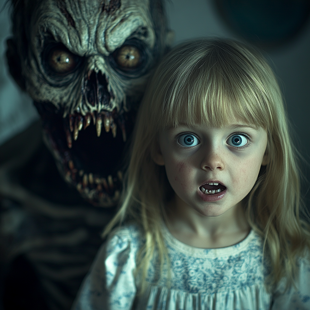 A creepy zombie with sharp teeth scares girl