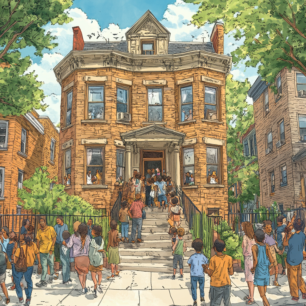 A crowded Brooklyn brownstone with joyful residents.