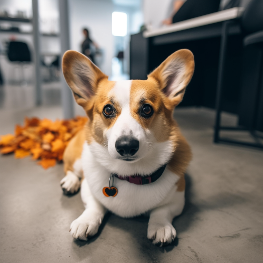 A curious Corgi in Halloween attire at work