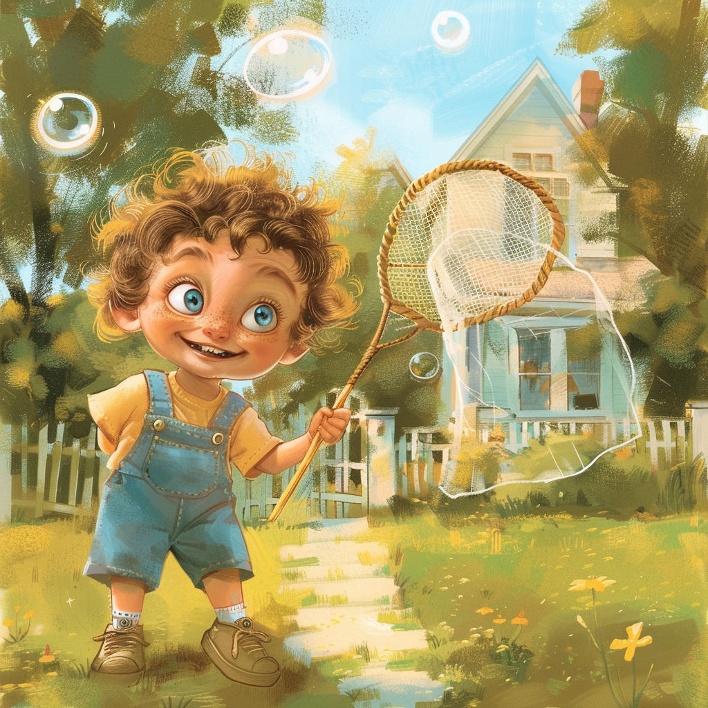 A curious boy hunts bubbles in his yard.