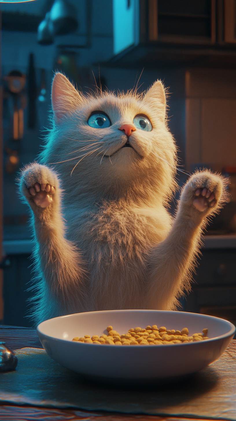 A curious silver tabby cat in kitchen.