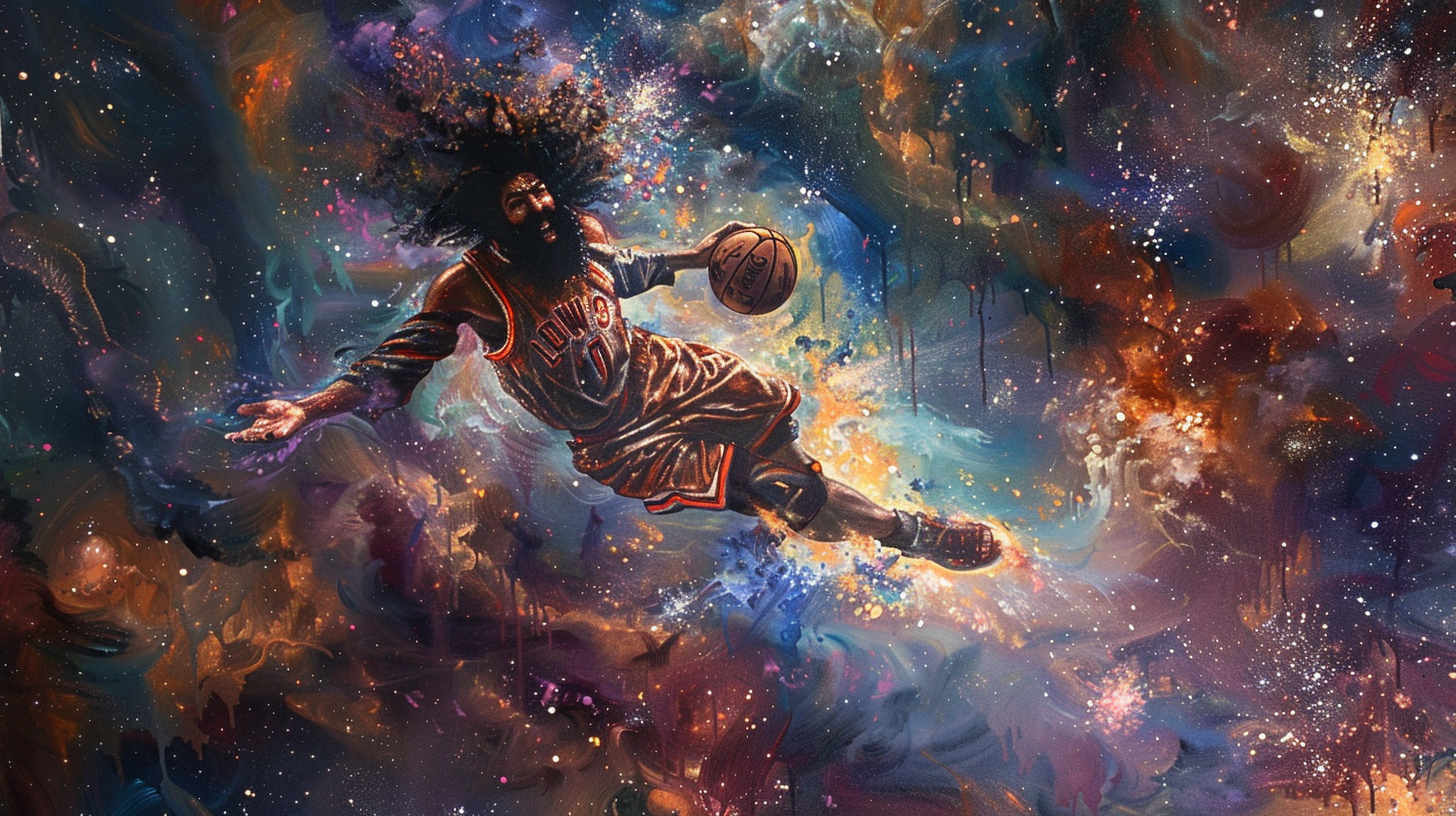 A curly-haired basketball player dunking in space.