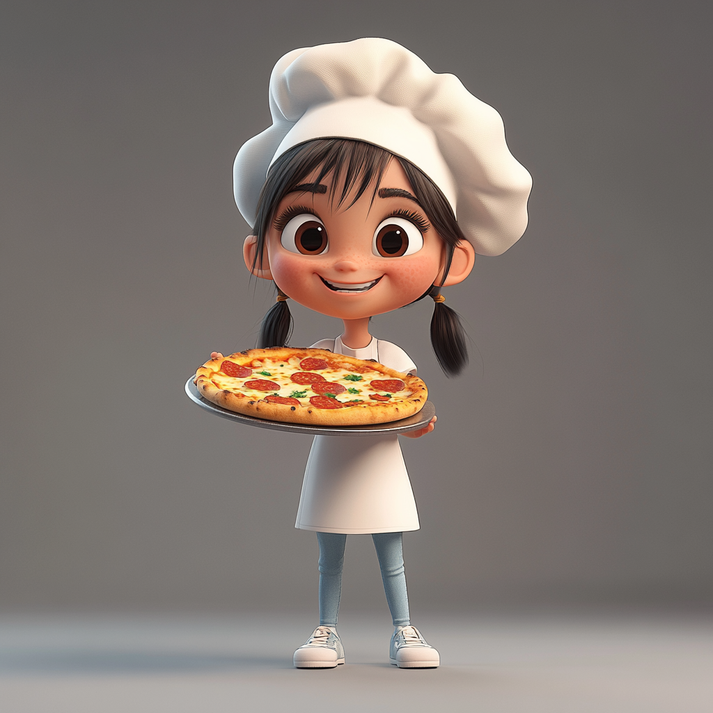 A cute 5-year-old chef girl holding a cheesy pizza