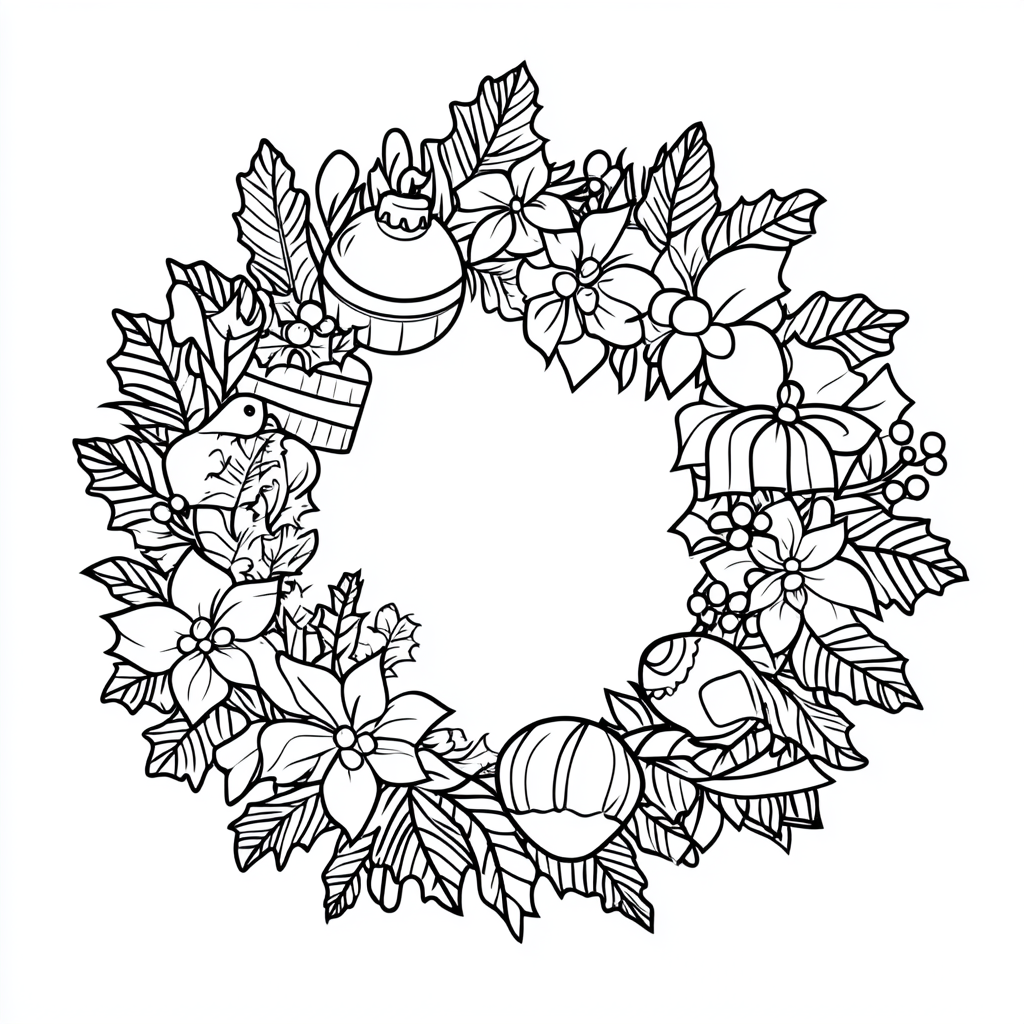 A cute Christmas wreath coloring page for kids