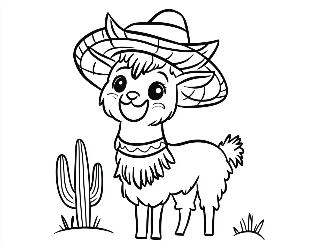 A cute Mexican llama with sombrero and cactus