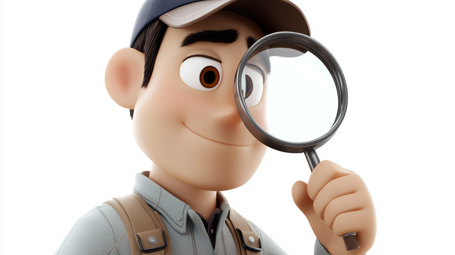 A cute airplane inspector looks through magnifying glass.