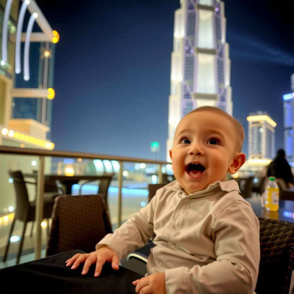 A cute baby boy sits outside a restaurant.