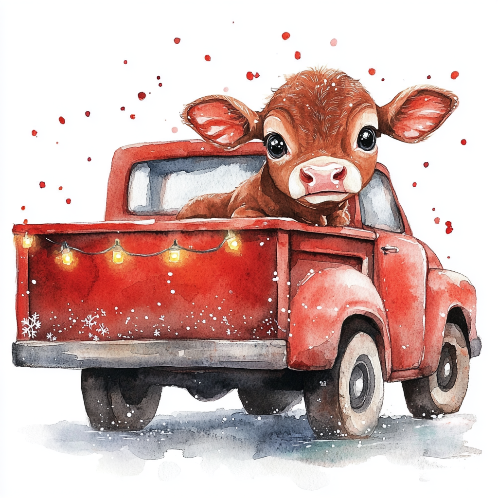 A cute baby cow in a red truck