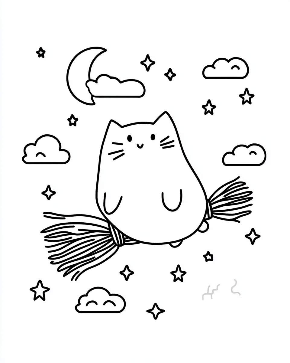 A cute cat flying on witch broom