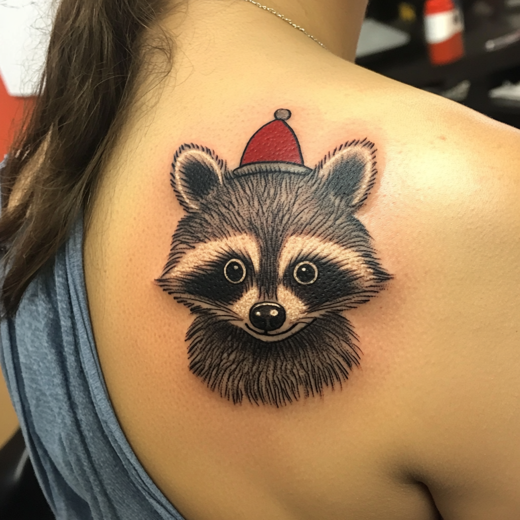 A cute clown raccoon tattoo on girl.