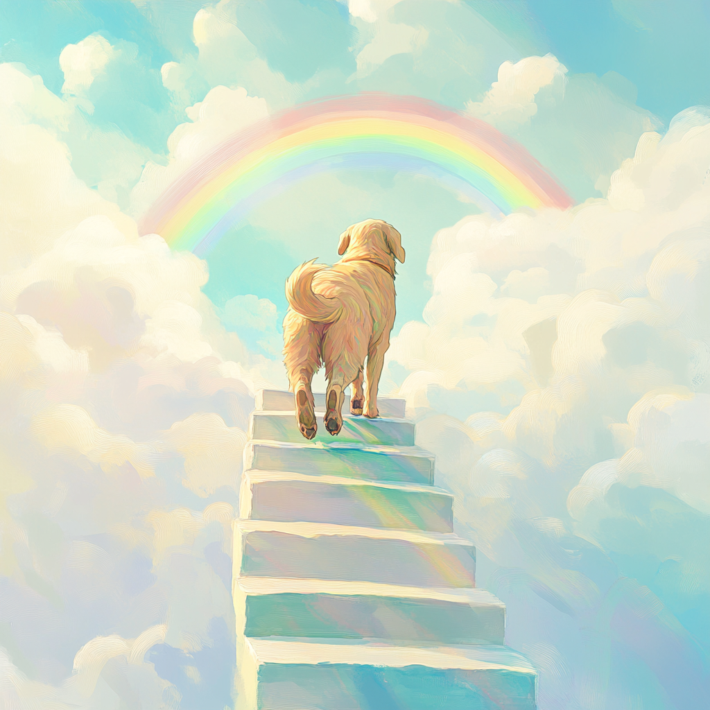 A cute dog climbing stairs to rainbow in sky.