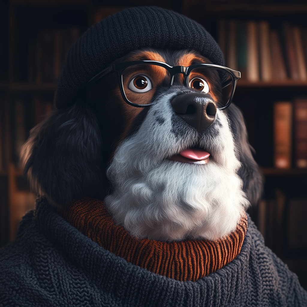 A cute dog wearing accessories in a library.