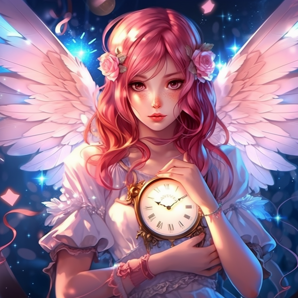 A cute fairy with colorful wings holding a watch