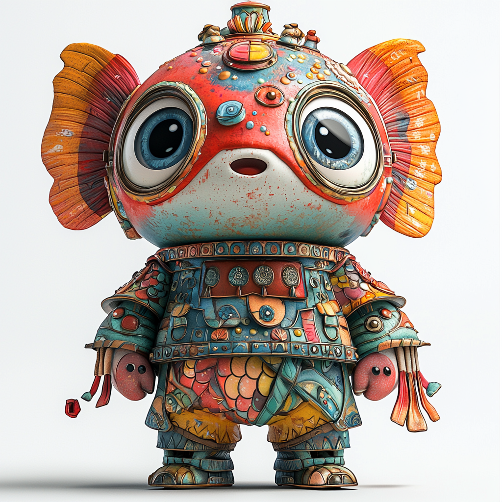 A cute fish-headed human in colorful Chinese style.