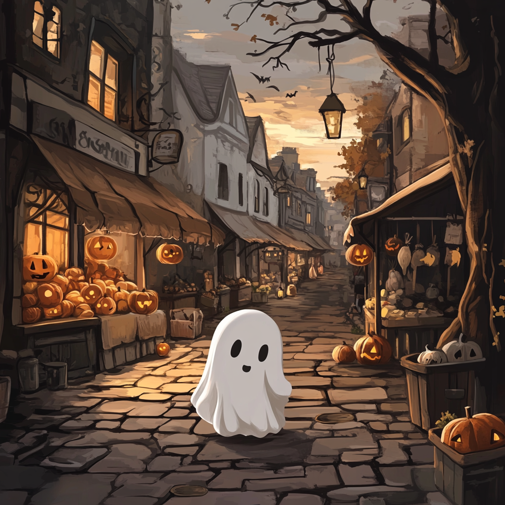 A cute ghost strolling through Victorian Halloween market.