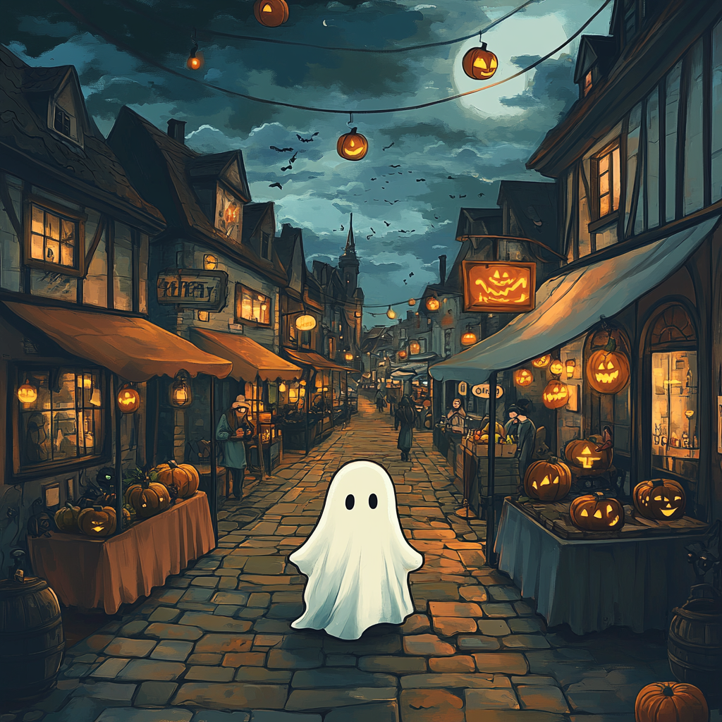 A cute ghost walks in spooky Victorian street.