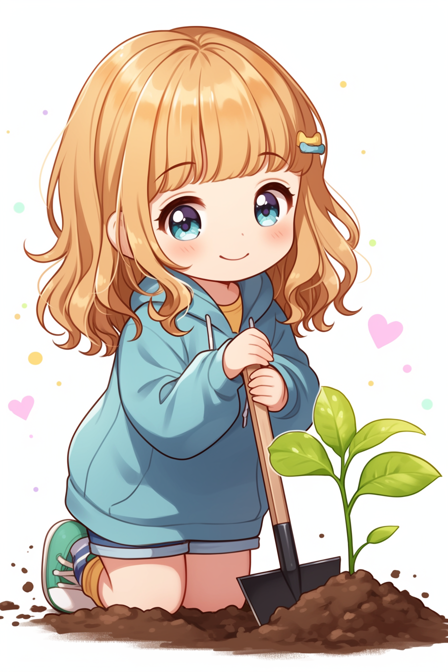 A cute girl planting young plants happily