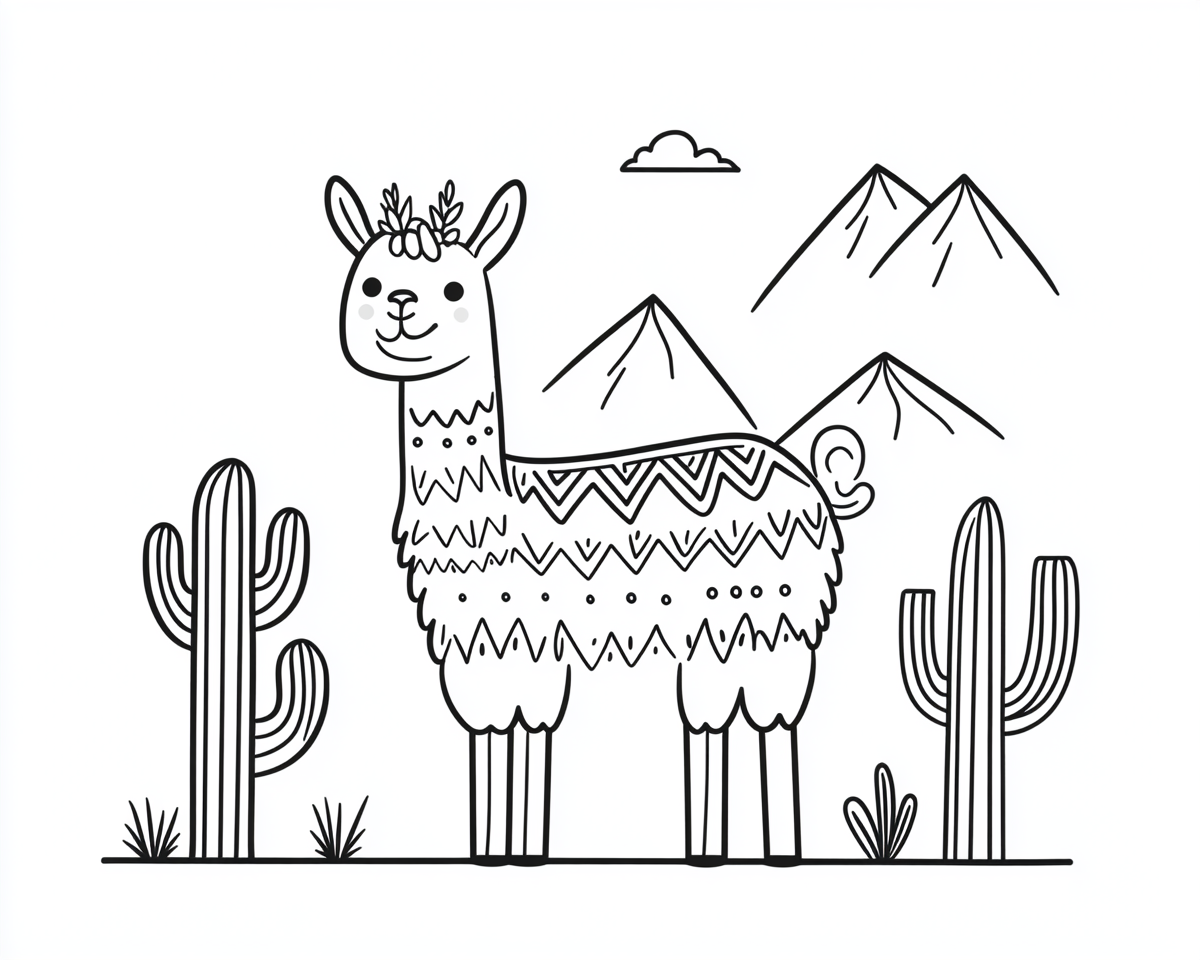 A cute llama in Mexican landscape coloring page