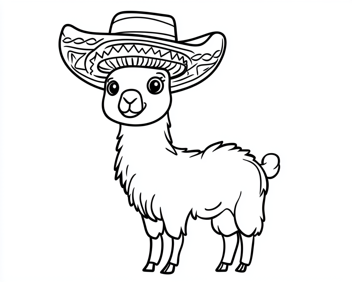 A cute llama with a sombrero coloring page