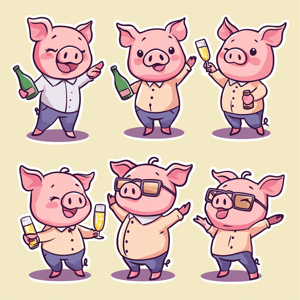 A cute pig sticker with exaggerated expressions