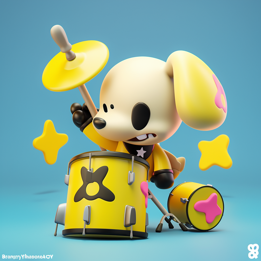 A cute rockstar drummer dog plushie in dynamic pose